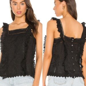 Frame Womens Dark Boho Chic Sleeveless Ruffled Eyelet Lace Blouse Size L Black